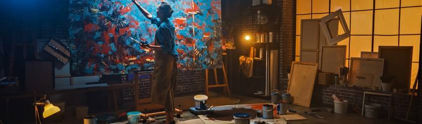 A person painting an abstract piece in a dark studio surrounded by paint cans.